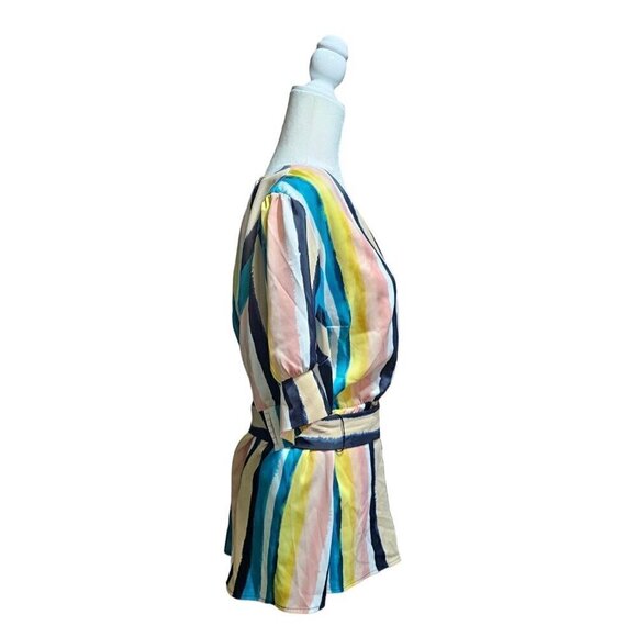 Lane Bryant satin short sleeve multicolor stripped blouse v-neck belt size 16 - Picture 7 of 7